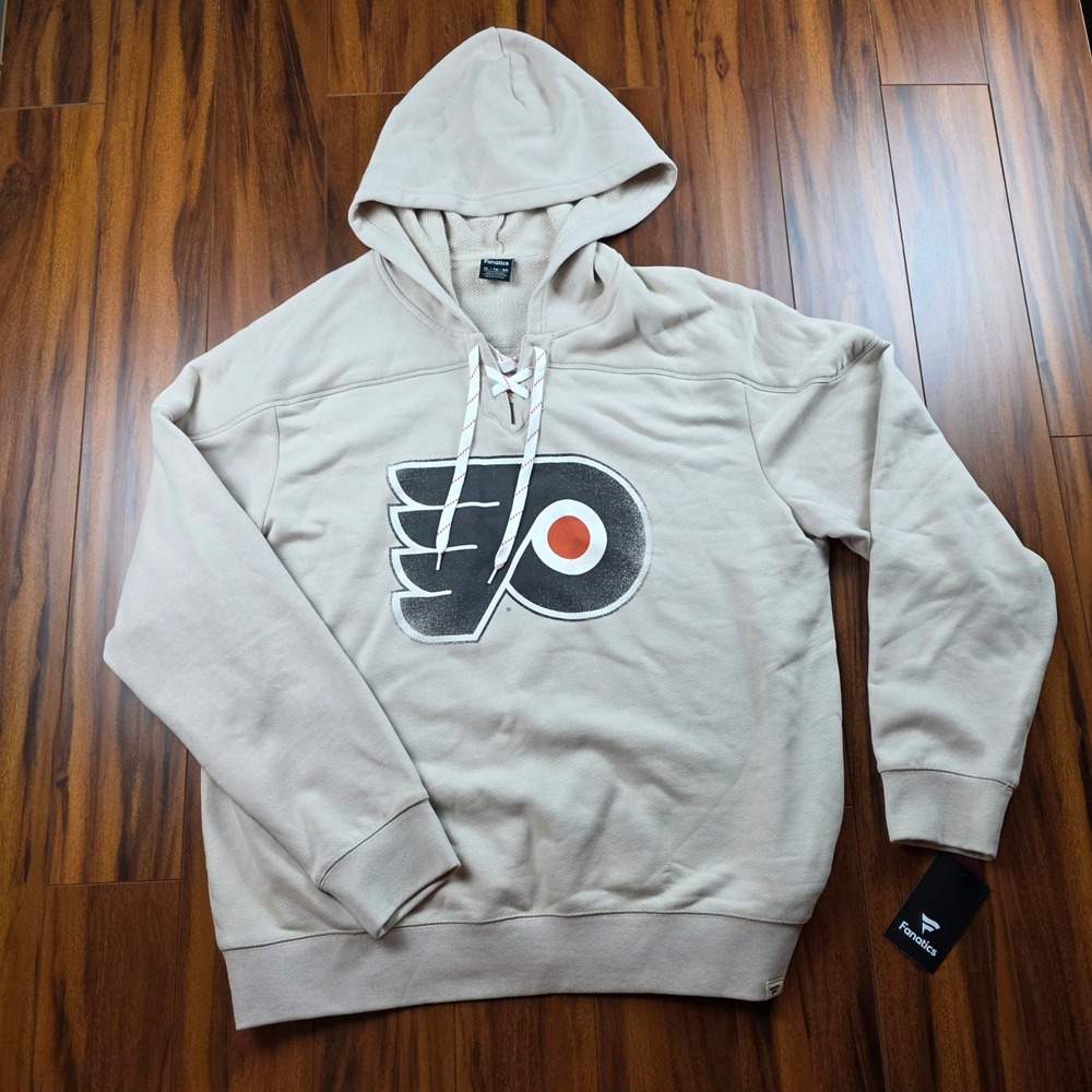 Fanatics Philadelphia Flyers Lace Up Hoodie Mens XL Beige Cotton NHL Sweatshirt